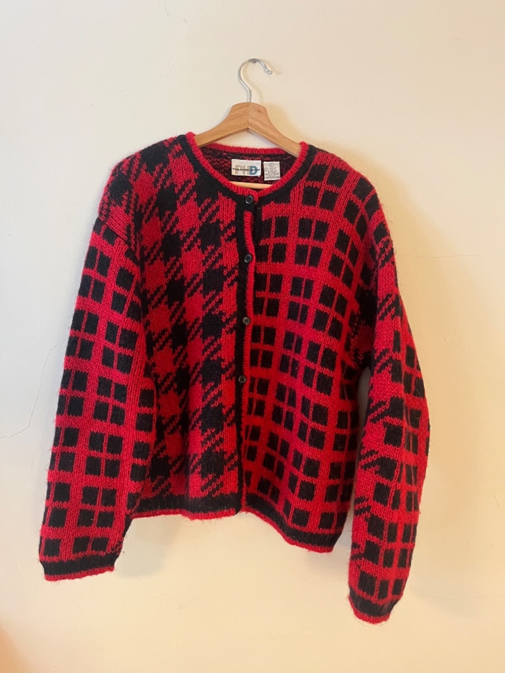 Vintage Oversized Mohair Cardigan Multi Plaid Houndstooth